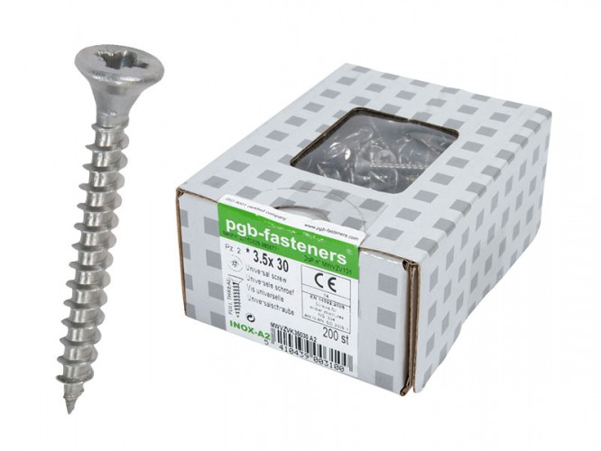 Stainless Steel A2 Wood Screws - ∅3.5 mm x 30 mm, Box
