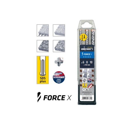 Комплект свредла за армиран бетон Alpen SDS-plus ForceX - 3ч.