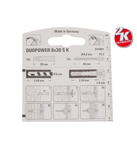 Комплект универсални дюбели с винт Fischer DUOPOWER S K - 6 x 30 мм, 12 бр.