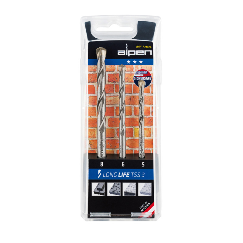 Комплект свредла за плътни тухли и естествен камък Alpen Long Life TSS 3