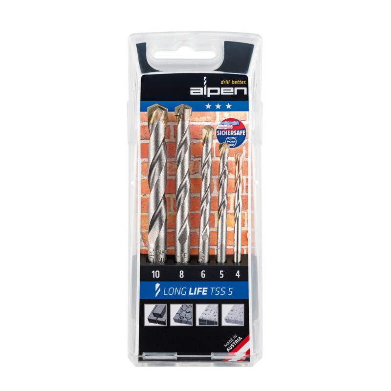 Комплект свредла за плътни тухли и естествен камък Alpen Long Life TSS 5