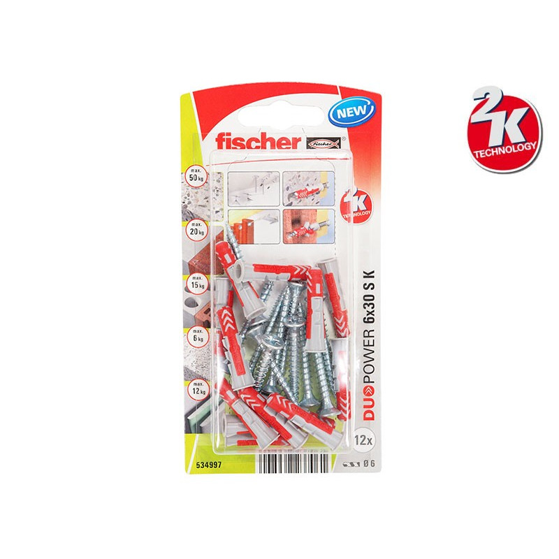 Комплект универсални дюбели с винт Fischer DUOPOWER S K - 6 x 30 мм, 12 бр.