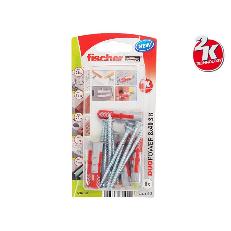 Fischer DUOPOWER S K Universal Plugs With Screw - 8 x 40 mm