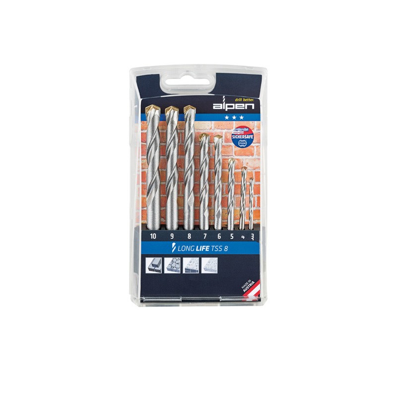 Комплект свредла за плътни тухли и естествен камък Alpen Long Life TSS 8
